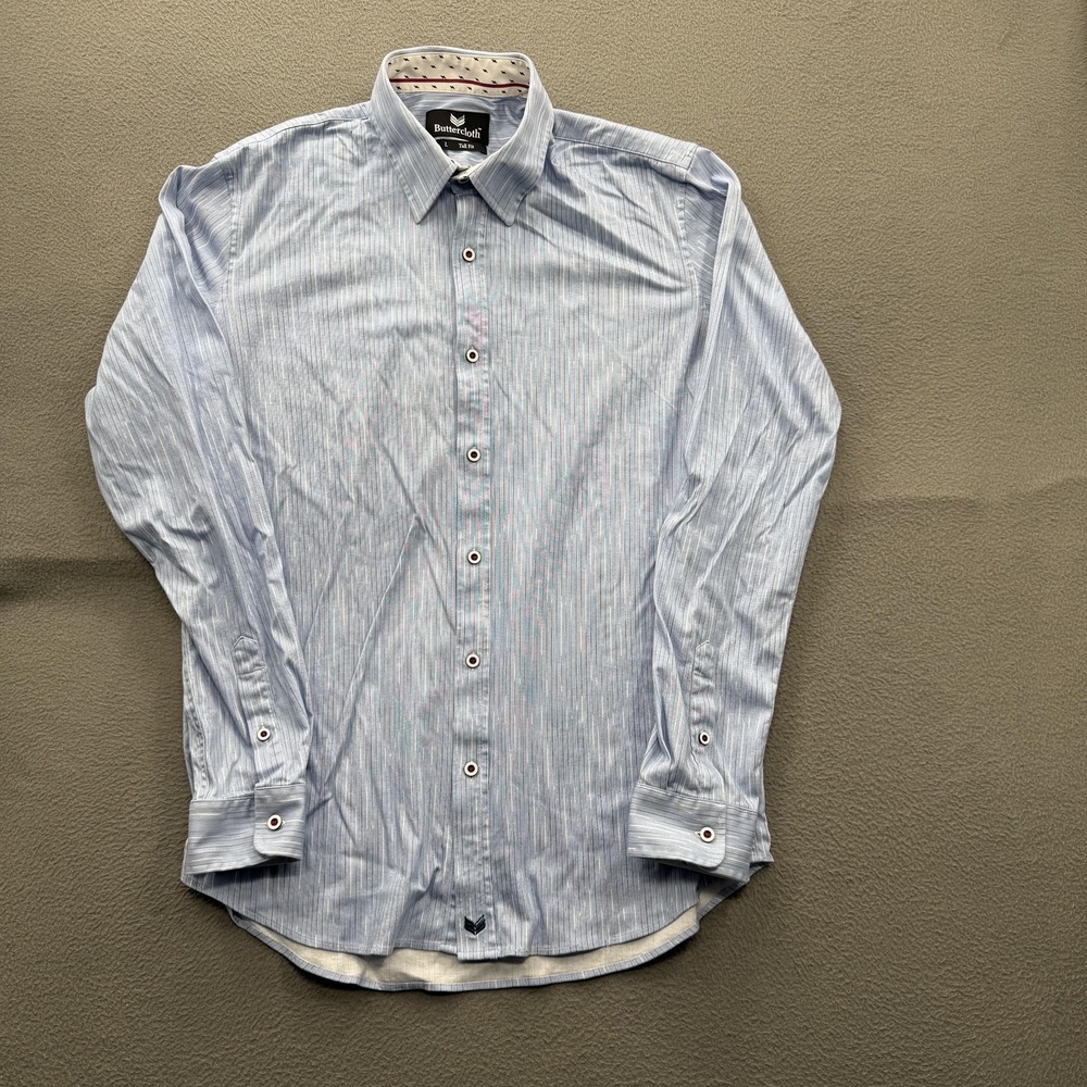 Buttercloth Shirt Mens LT Tall Blue Stripe Cotton Long Sleeve Dress Button Up